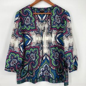 Talbots Silk Paisley Blouse Women sz 12 Pullover Blue White Pink Green 3/4 slv